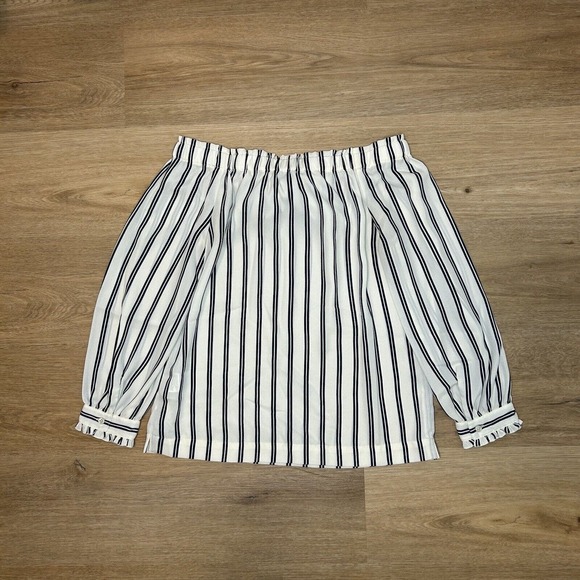 J Crew Mercantile Women XXS Blouse Ivory Blue Stripe Off Shoulder Sailor Bow Top - Picture 3 of 6
